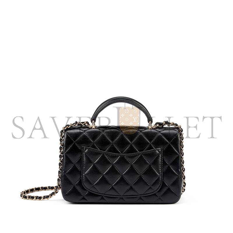 CHANEL BLACK QUILTED LAMBSKIN TOP HANDLE MINI FLAP BAG PALE GOLD HARDWARE AP4450 (18*14*3cm)